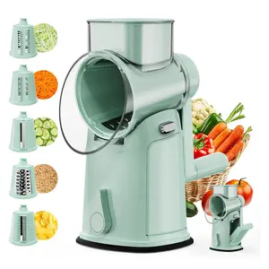 Rotating Cheese Grater with Handle, 5-In-1 Multi-Functional Kitchen Vegetable Cutting Slicer, 10 Replaceable Blades, Hidden Storage Box, Hand Crank