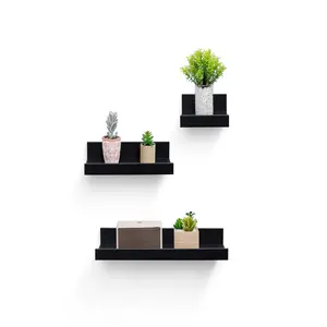 3-Set 15.7in Minimalist Black MDF Floating Wall-Mounted Picture Ledge Shelves with Lip, Lightweight Decorative Storage Shelves (12Lbs Load Capacity, Easy Installation) for Nursery, Kitchen Decoration, Home Supplies