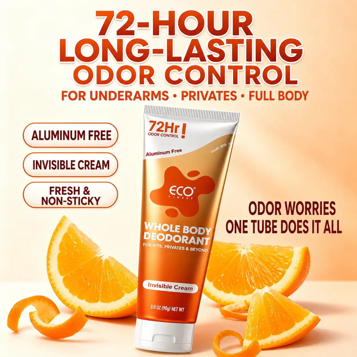 ECO Finest All Body Deodorant Cream - 3.0 oz Sweet Orange Scent, 72-Hour Odor Control, Aluminum-Free, Gentle Lightweight, Non-Aerosol, Natural Moisturizing, Nourishing Underarm Care for Sensitive Skin, Non Aerosol Deodorant