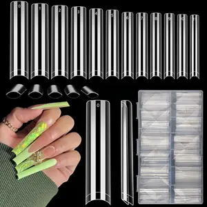 504PCS NO C CURVE Clear Nail Tips for Acrylic Nails Professional, 3XL Extra Long Flat Tapered Square Nail Tips