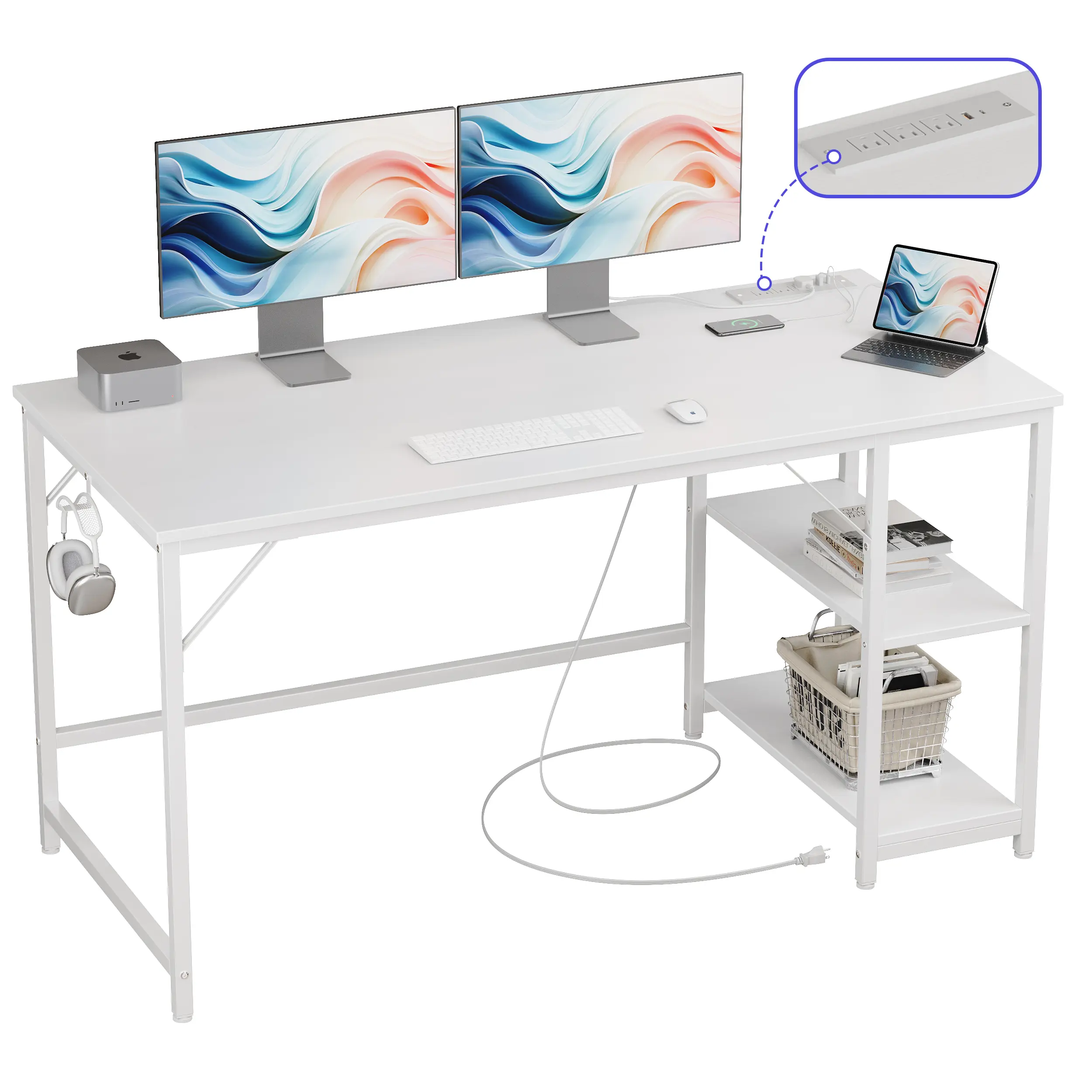 JOISCOPE 55 Inch Small Gaming Computer Desk with Table Power Outlets, Storage Shelves & USB & Type-C Outlet