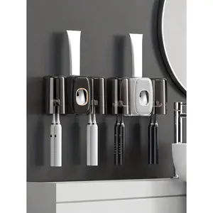 ABS Wall-Mounted Automatic Toothpaste Dispenser & Toothbrush Holder Set - Bathroom Organizer with 2 Cups, Auto Squeezer, Home Bathroom Supplies Decor