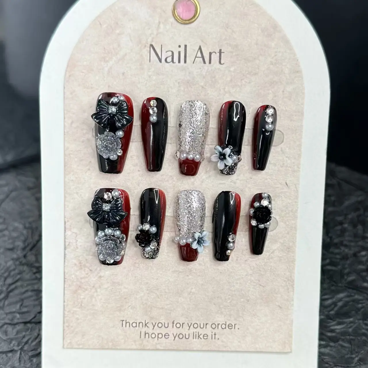 F12 Advanced Removable Press-on Nails, Pure Handcrafted Red & Black 3D Flower Bow Glitter Dark Style, Almond-Shaped Base Color with Nail Glue