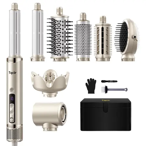 Tqcir 8-in-1 Salon Hair Styler Kit, 1300W Ionic Hair Dryer & Thermal Brush, Multiple Attachments for Drying, Smoothing, Volumizing & Blowouts, Lightweight Design, Overheat Protection