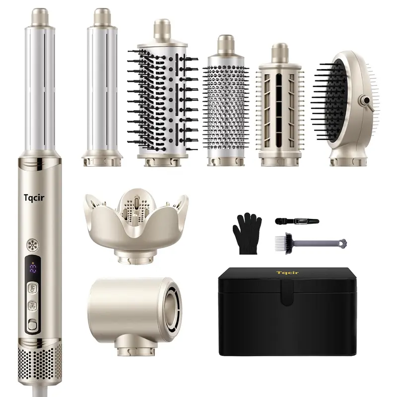 Tqcir 8-in-1 Salon Hair Styling Tools Gift Set, 1300W Ionic Blow Dryer & Thermal Brush, Curling Curlers & Straighteners Attachments, Lightweight, Overheat Protection, Perfect Gift for Hair Styling Needs