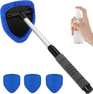 Windshield Cleaning Tool, Car Window Cleaning Tool with 4 Reusable Washable Pads, Extendable Handle & Empty Spray Bottle, Auto Interior Exterior Glass Wiper, Automotive Cleaning Accessories