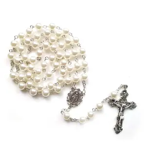 White Beaded Chain Religious Prayer Plastic Pearl Rosary Necklace Long Crucifix Pendant Religious Jewelry