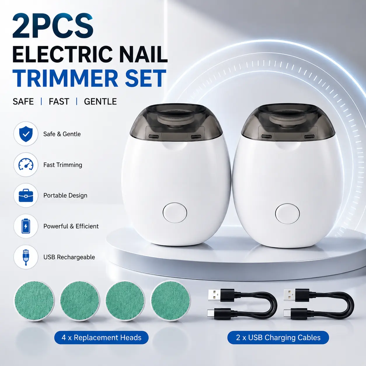 2pcs Upgraded 3-In-1 Electric Nail Clipper And Polisher, Automatic Nail Trimmer with LED Light, 3Speed, USB Rechargeable, for Whole Family
