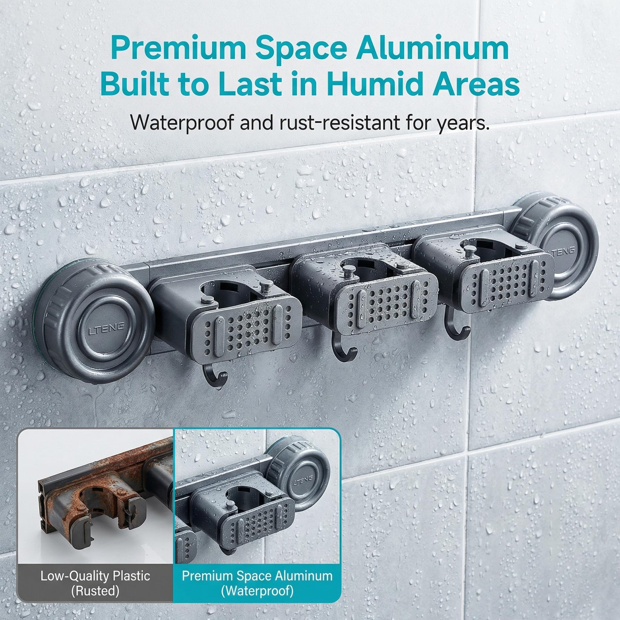 No Drill Suction Cup Mop Holder, Heavy Duty 10KG Space Aluminum Broom Organizer with Hooks, Wall Mounted Damage-Free Storage Rack for Bathroom Kitchen Laundry Room No Drill Suction Cup Mop Holder, Heavy Duty 10KG Space Aluminum Broom Organizer with Hooks, Wall Mounted Damage-Free Storage Rack for Bathroom Kitchen Laundry Room