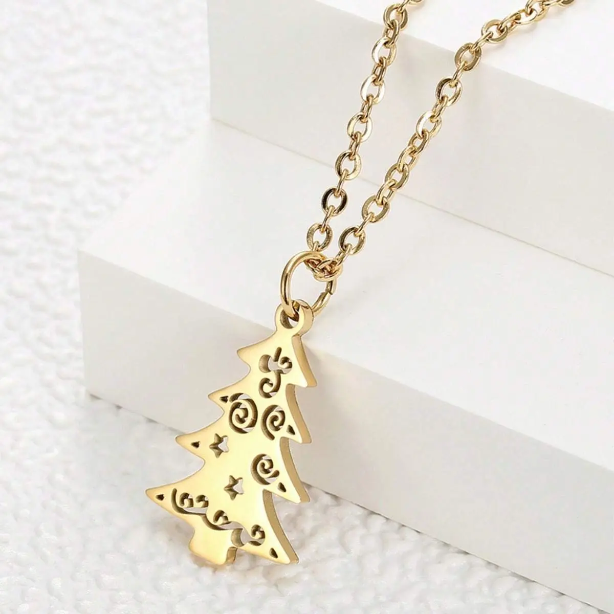 Female Minimalist Christmas Tree Necklace - Gold Stainless Steel Tree Shape Pendant, Modern Costume Jewelry for Daily & Holiday Wear