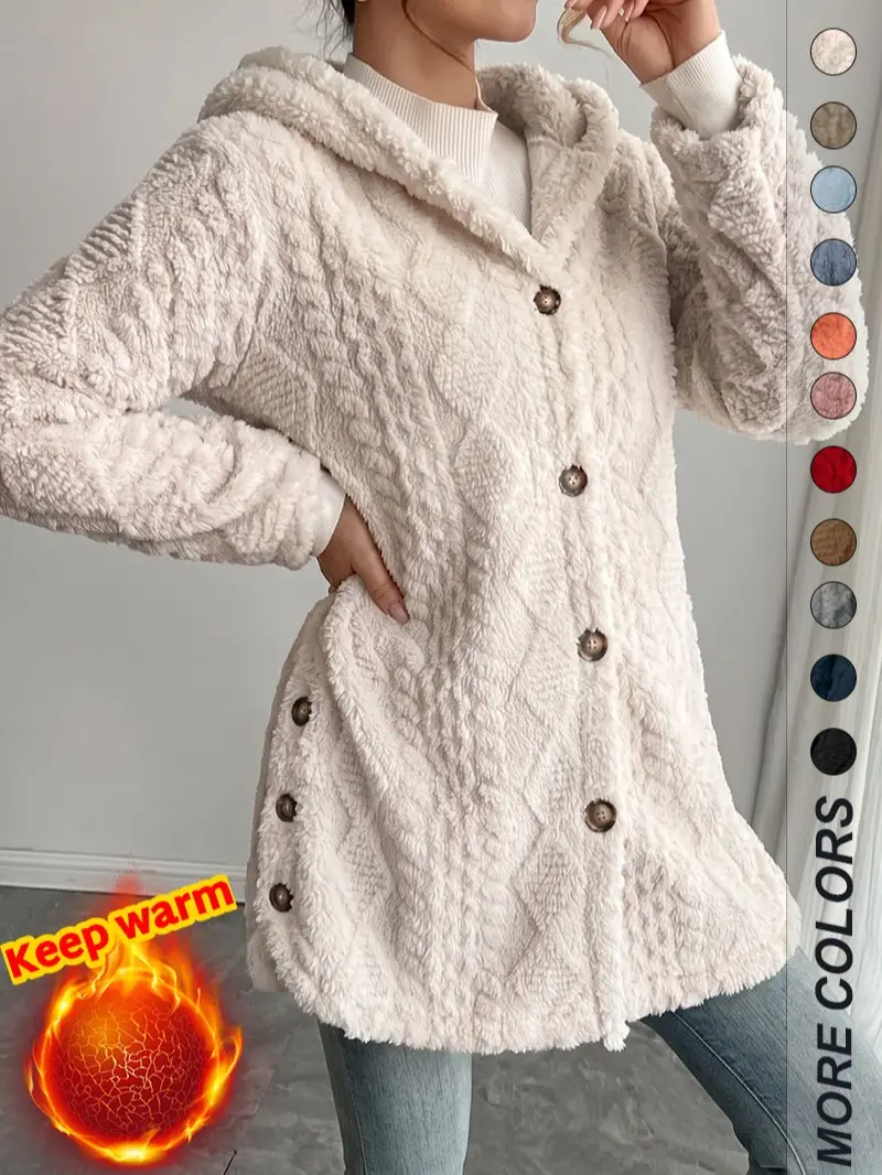 Ryvah women’s autumn/winter warm fashionable hooded knitted cardigan with buttons, loose fit long sleeves, slim-fit outerwear top, casual solid-color design, stylish mature look, slimming, versatile solid-color coat, Christmas gift, new arrival for fall