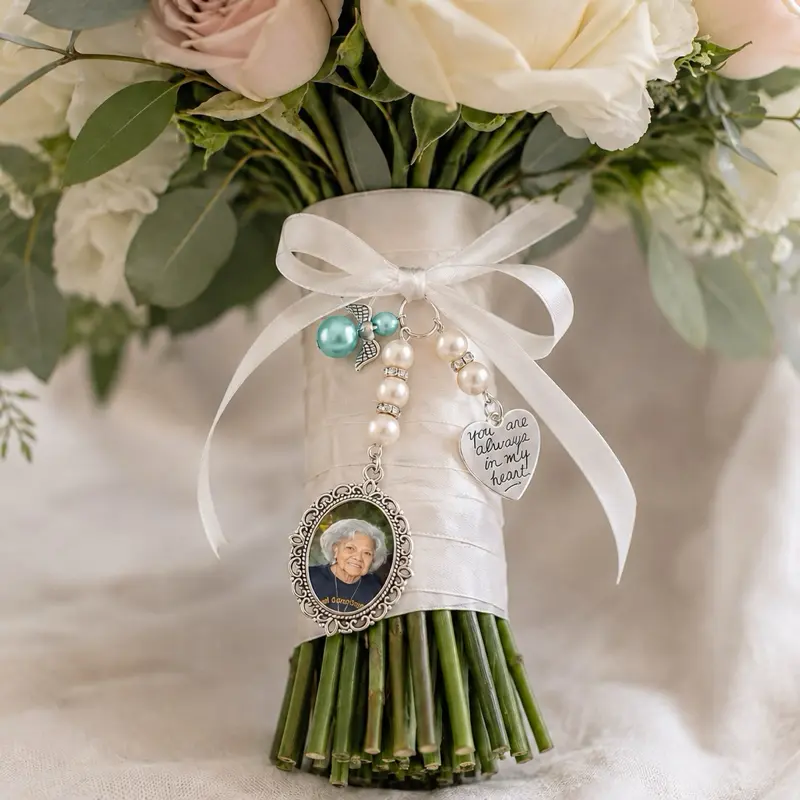 Wedding Bouquet Charm with Photo - Silver Alloy - 3in Length