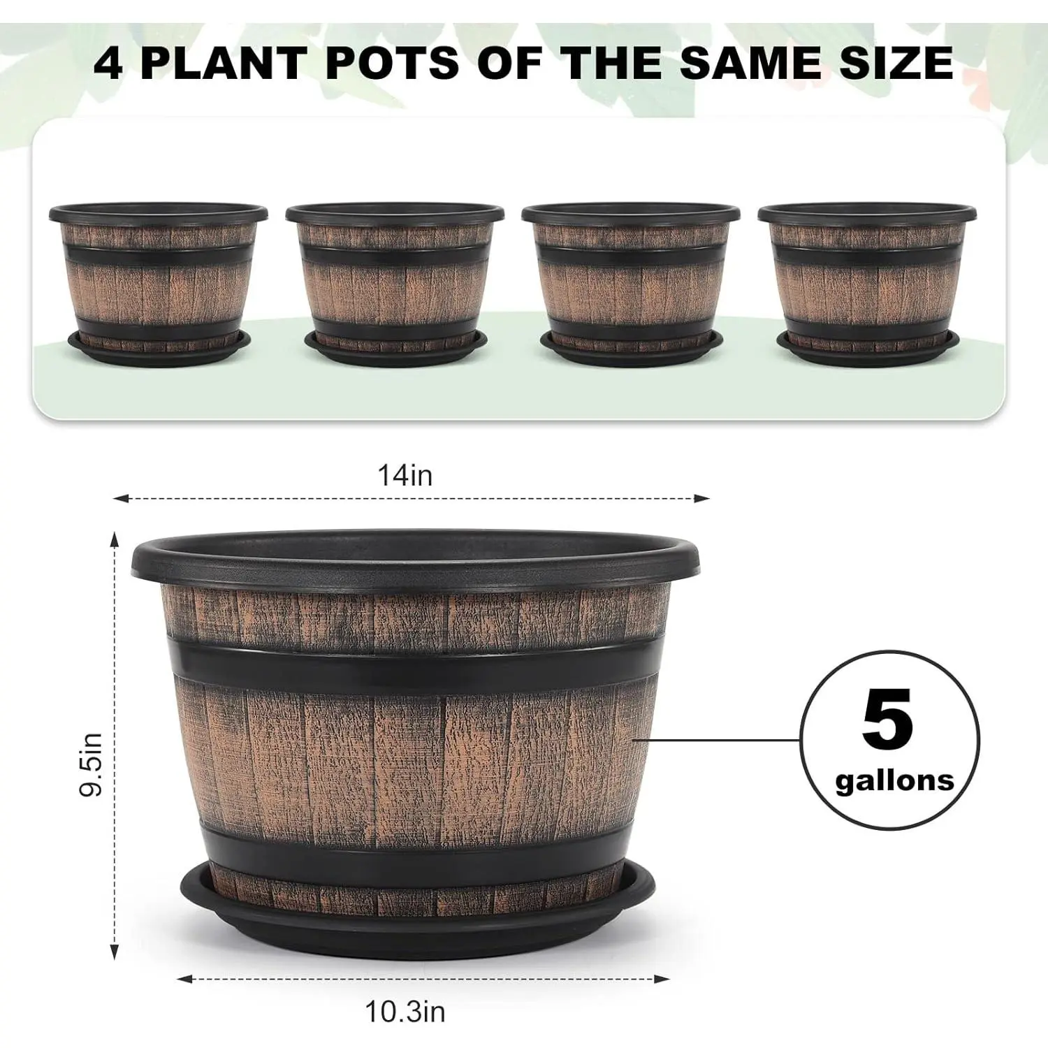 4pcs 12-Inch Rustic Brown Whiskey Barrel-Shaped Plastic Planters Set Pack - with Drainage Holes & Trays, Both Indoor/Outdoor Use for Home Gardeners, Planters for Outside, Balcony Home Decor Standing Gardening Gift