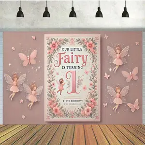 1pc 2D Flat Little Fairys First Birthday Invitation Polyester Photography Backdrop , Birthday Banner Flag Supplies, Cake Table Studio Party Decoration decoration flag, Outdoor celebration activities, White Ornaments