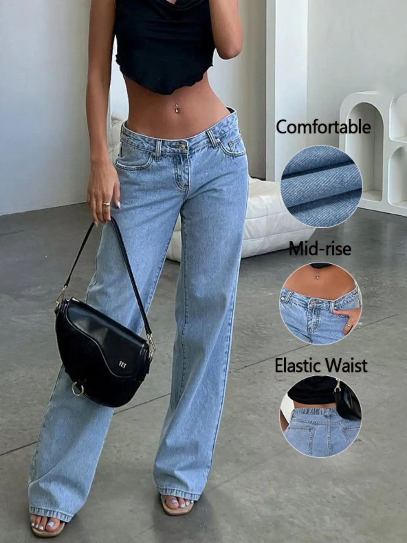 Women's Denim Jeans Bottom, Loose Fit Wide Leg Pants, Elastic Waist, Pockets, Y2K Style, Casual Comfortable Fashion, All Seasons Wear, Spring, Womenswear, Loose Jeans Trousers
