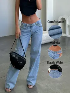 Women's Denim Jeans, Loose Fit Wide Leg Pants, Elastic Waist, Pockets, Y2K Style, Casual Comfortable Fashion, All Seasons Wear, Spring
