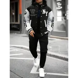 Men's baseball jacket and jogging set - casual streetwear with letter print, polyester blend, button details - perfect choice for autumn and winter jogging set