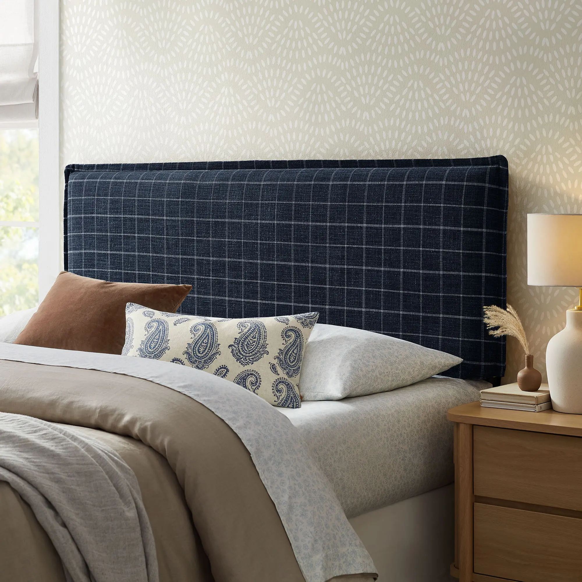 Camille Checkered Linen Blend King Size Headboard in Denim Windowpane Check