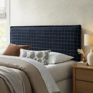 Camille Checkered Linen Blend King Size Headboard in Denim Windowpane Check