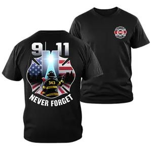 9 11 Never Forget Shirt, 343 Firefighter Memorial T Shirt, 9 11 Tribute Graphic Tee, Twin Towers Light Beam Design, Firefighter Silhouette American Flag Badge, Front Chest 343 Fire Dept Logo, Soft Cotton Blend Unisex Shirt, Gift for Firefighters