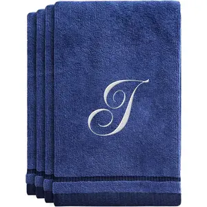 Navy Blue Monogrammed Towels with Initials - 4 Pack Super Absorbent Bathroom Fingertip Cotton Towel with Soft Velour Finish - Personalized Gifts for Freinds & Family 11"x18" Initial J