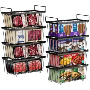 8 Pack Freezer Organizer Bins - Stackable Chest Freezer Organizer for 7 Cu.FT Deep Freezer Sort Frozen Meats, Deep Freezer Organizer Bins with Handle Easy to Get Food from Bottom, Rectangular Kitchen Containers for Utensils, Black