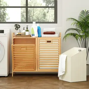 COSTWAY - Double Tilt-out Laundry Hamper with 2 Removable Bins-Natural