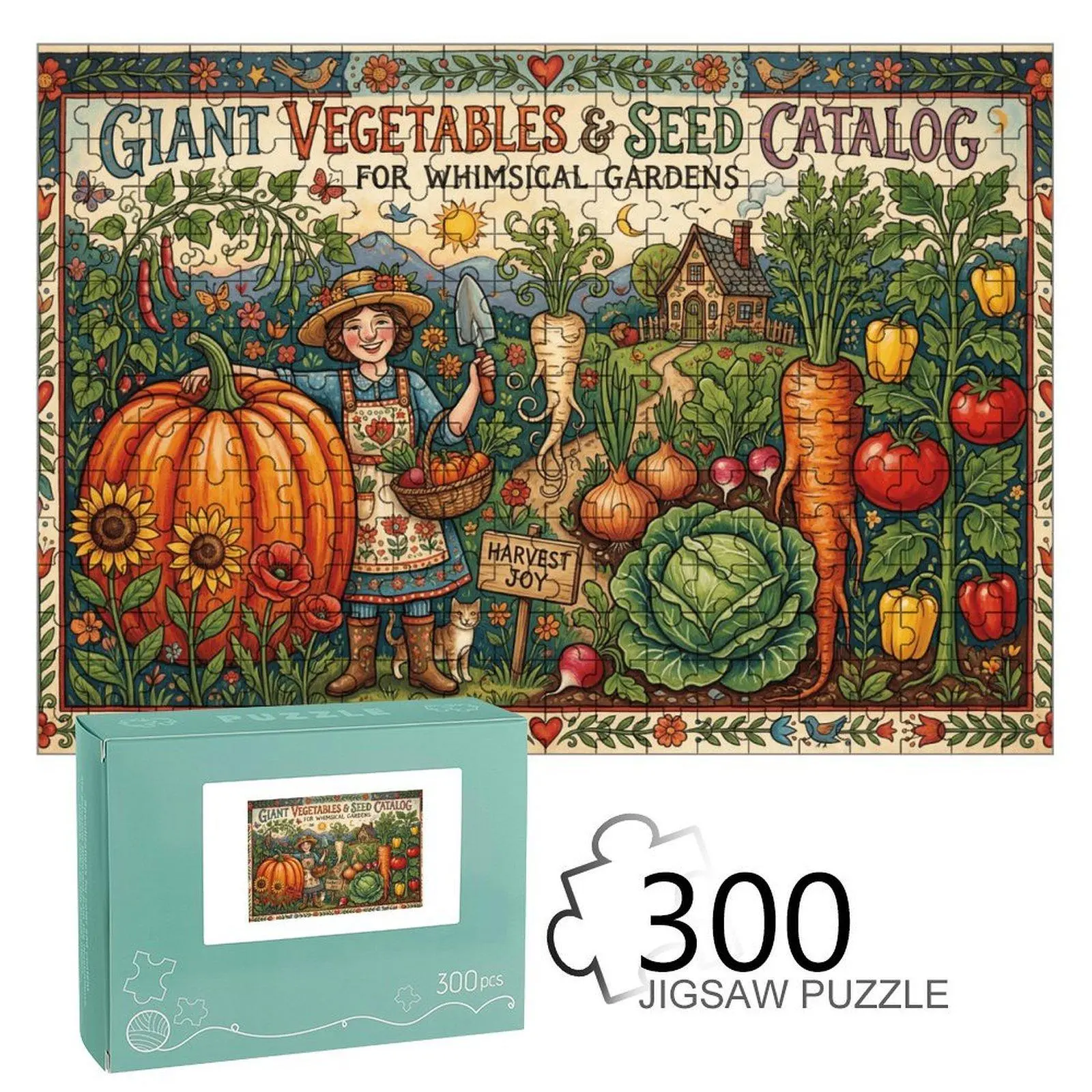 Giant Vibrant Vegetable Garden Jigsaw Puzzle - Retro Vibe Whimsical Art, Farm Girl & Cottage Scene, Family Game for Gardening Enthusiasts