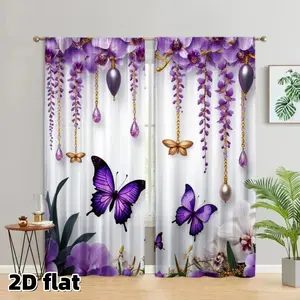 2D Flat 2Pcs Elegant Purple Butterfly Wisteria Flower Curtains, Hanging Teardrop Design, Gold Chain Decorations, Semi-Sheer Polyester Fabric, Boho Style Window Treatment for Living Room Bedroom Balcony Kitchen, Light Filtering Privacy Curtain, Easy