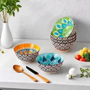 Ceramic Salad Bowls, Each with a Capacity of 24 Ounces, Featuring a Bohemian Color Underglaze. These Bowls Are Microwave Safe And Ideal for Serving Rice, Soup, Lamian Noodles, Salads, Fruits, And More