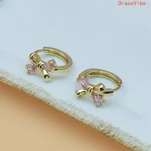 14K Gold Plated Copper Bow Stud Earrings With Zircon Elegant Versatile Jewelry For Women Daily Wear