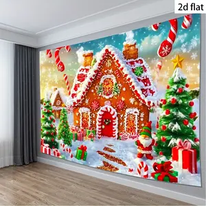 Reusable Polyester Christmas Backdrop with Gingerbread House, Candy Cane Trees & Gnomes - Modern Holiday Decor for Home, Parties, Photo Booth Background, Candyland Christmas Decorations, Festive Party Decor