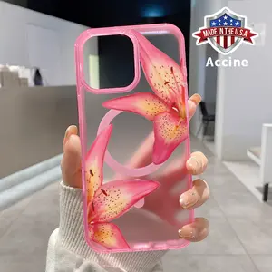 Transparent Magnetic Phone Case for iPhone 16 15 14 Pro Max 13 12 11 XR XS Plus E Elegant Pink Lilies Pattern Candy Color Acrylic Back Soft Edge Hard Shell