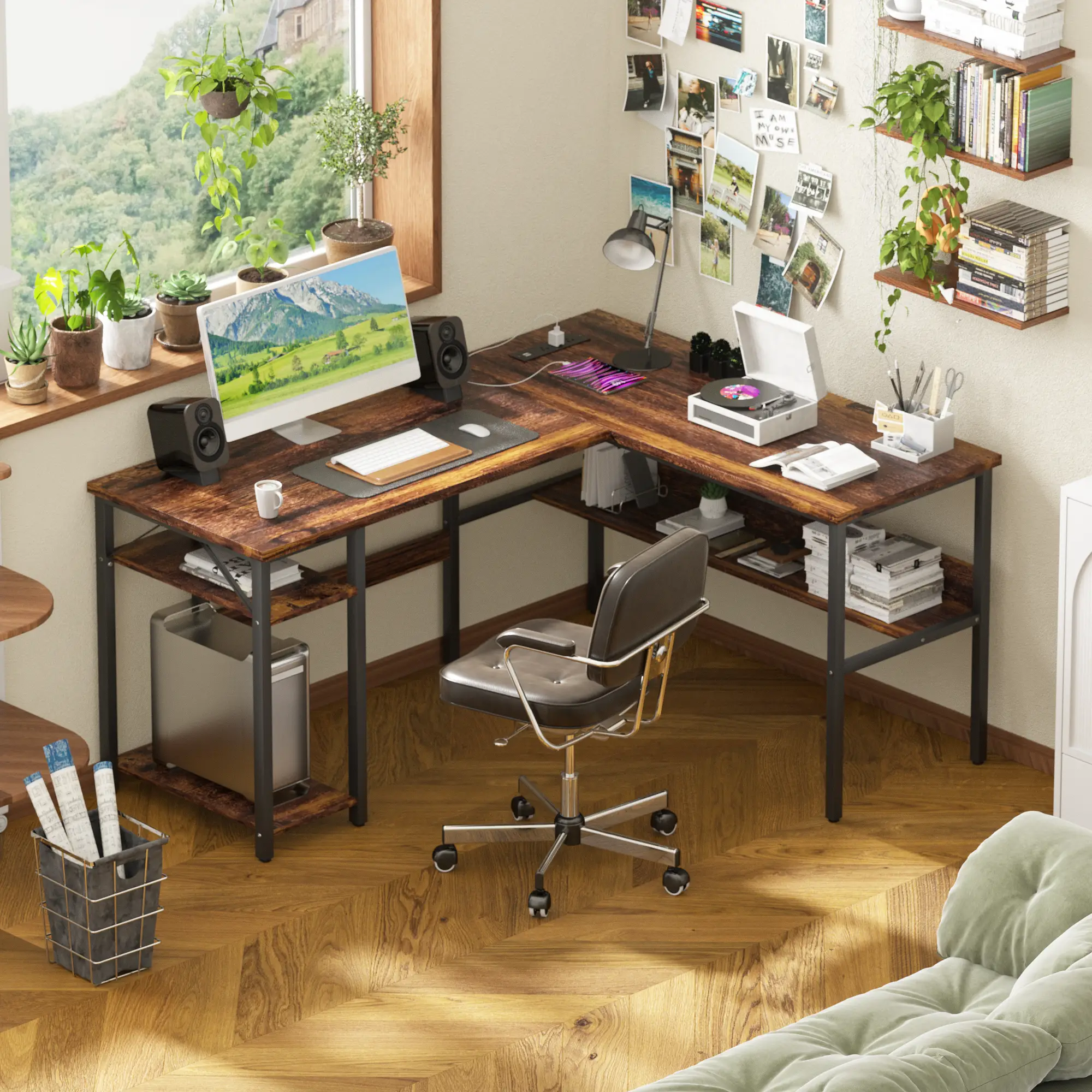 Unikito Reversible L Shaped Desk with Magic Power Outlets and USB Charging Ports, Sturdy Corner Computer Desk with Storage Shelves, Gaming Desk for Ho