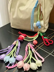 Multi-color Tulip Flower Bag Charm Keychain, Soft Fabric Tulip Pendant with Woven Rope, Cute Aesthetic Accessory for Backpack, Purse, Phone & Keys, Sweet Floral Lanyard Key Ring for Women, Ideal Birthday & Friendship Gift, Ins Style Minimalist Bag Decorat