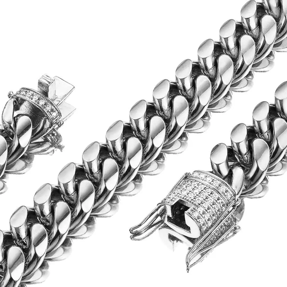Mens Miami Cuban Link Chain White 15mm Stainless Steel Curb Necklace with cz Diamond Chain Choker