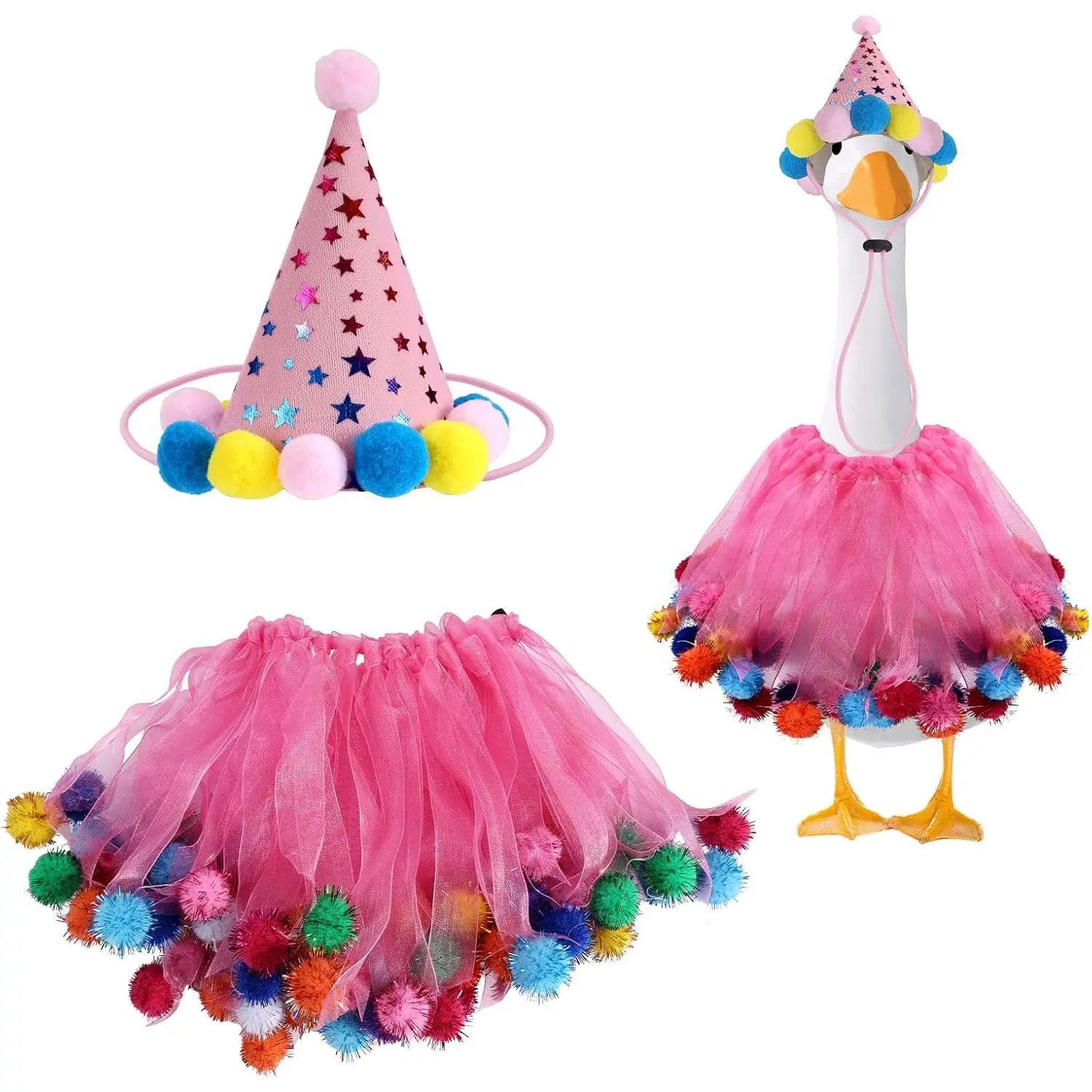 Pink Decorative Porch Goose Outfit - EVA and Plush Soft Yet Durable, 12.5x10.5cm Cute Conical Hat, 1x Gauze Skirt, Ribbon (10.5x14.5cm) - Fits 17in-23in Cement/Plastic Garden Geese, Party Props, Garden Decor, Party Decoration Supplies, Festive Decoration