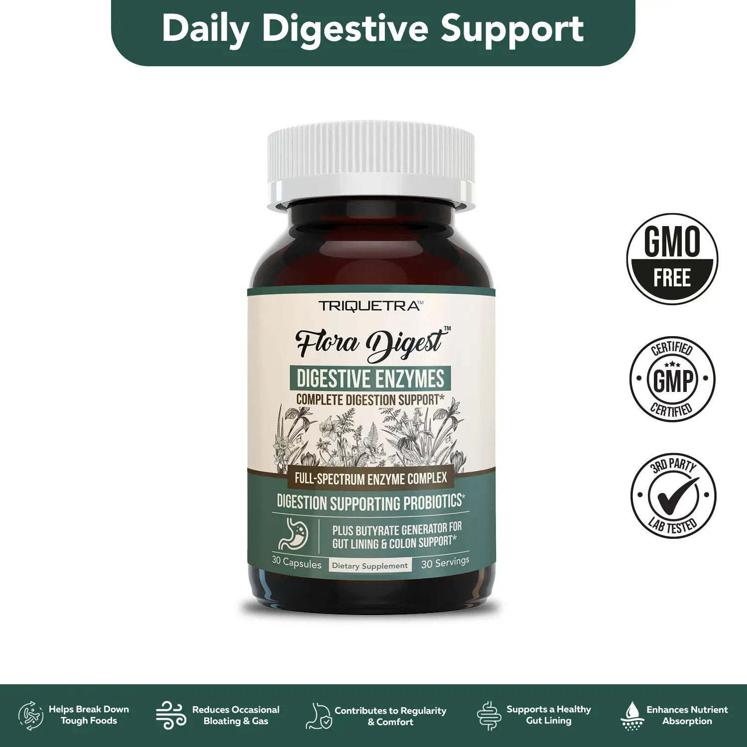 Flora Digest | 3-in-1 Digestive Enzymes, Probiotics & ButyraGen Postbiotic – Supports Digestive Comfort, Bloating Relief & Colon Health – 30 Capsules