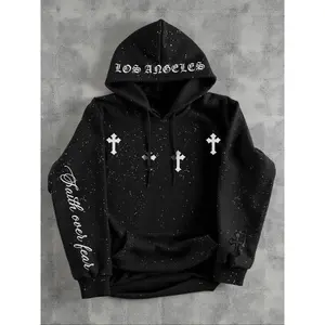 Men's hooded sweatshirt, dark Gothic cross element hooded sweatshirt, starry sky dyeing process pullover, kangaroo pocket, casual regular loose drawstring hooded sweatshirt, suitable for daily vacation outdoor wear, autumn and winter clothingRAIMENTRY