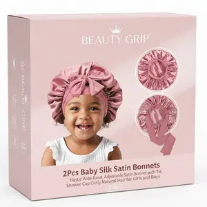 2Pcs Silk Satin Bonnets - Elastic Wide Band, Adjustable Satin Bonnet  Shower Cap Curly Natural Hair for Girls and Boys Set