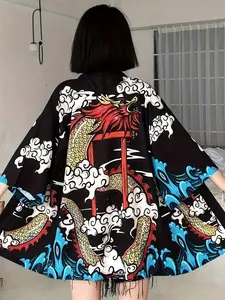 Ethnic Street Travel Unisex Thin Traditional Kimono Cape, Loose Fit Japanese Style Seven-Quarter Sleeve Bathrobe Jacket, Summer Sun Protection Coat