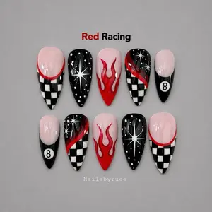 Nailsbyruee | Red Racing Press On Nails - 8 Ball Checkered Flame Design