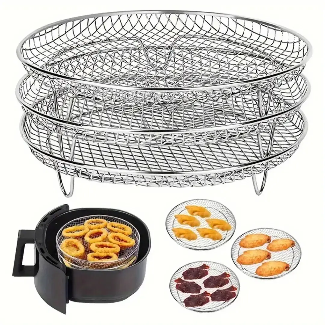 3pcs Air Fryer Basket Tray Grill Rack Set, Air Fryer Accessories, Stainless Steel, Stackable, Oven & Deep Fryer Compatible, Dishwasher Safe, Perfect for Healthy Baking