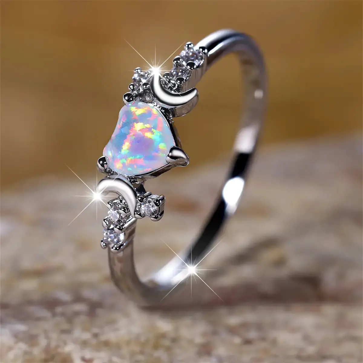 Midnight Solstice Copper New Love Moon Celestial Heart & Moon Opal Ring | Soft Mystic Statement Ring jewellery