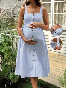 MaterniRIO Maternity Nursing Dress With Wide Strap, Front Button Opening, Adjustable Shoulder Straps, Striped Design Long Dress
