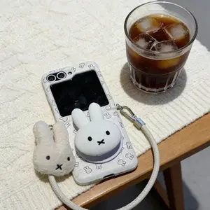Cute Cartoon Pink White Miffy Magsafe Wireless Charge Phone Case For Samsung ZFlip 7 7FE 5 6  Lovely Miffy Furry Wrist Strap﻿﻿
