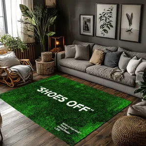Streetwear Shoes Off Letter Green Grass Texture Crystal Velvet Area Rug Non‑Slip Fashion Living Room Rug#ShoesOffRug #StreetwearRug #GrassTextureRug #GreenLetterCarpet #CrystalVelvetRug