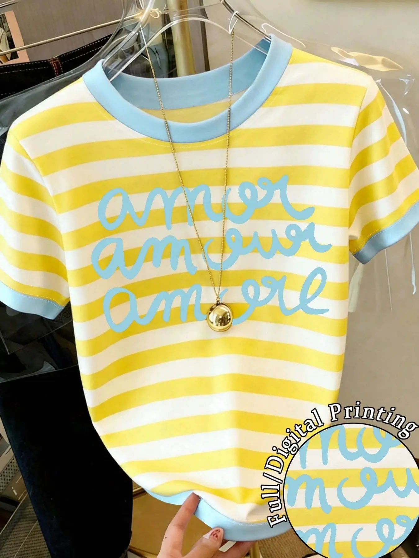 Summer Women's Letter Stripe Striped T-Shirt, Short Sleeve, Loose Fit, Casual Style, Geometric Print, Perfect for Daily Wear, Everyday, Versatile Design, Casual Tops