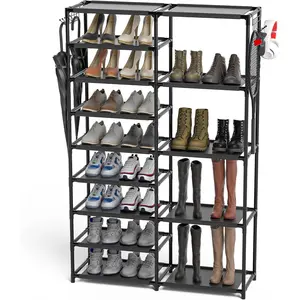 Tall Garage Shoe Rack Large Capacity,Two Rows Versatile Hooks Storage Boot Shelf Black 24-35 Pairs