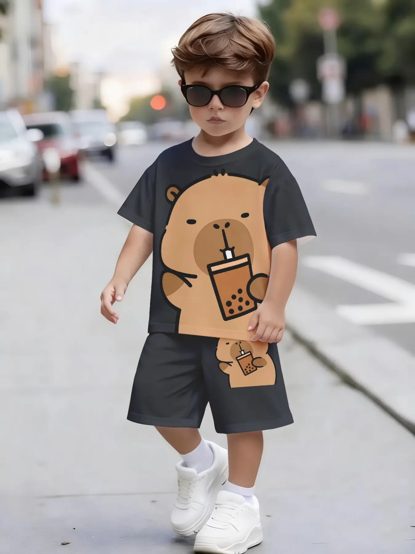 Boys' 3D Print Capybara Drinking Milk Tea Short Sleeve Shorts Set, Cute Healing Style Two-Piece, Casual Fit, All Seasons, Summer Clothing Set